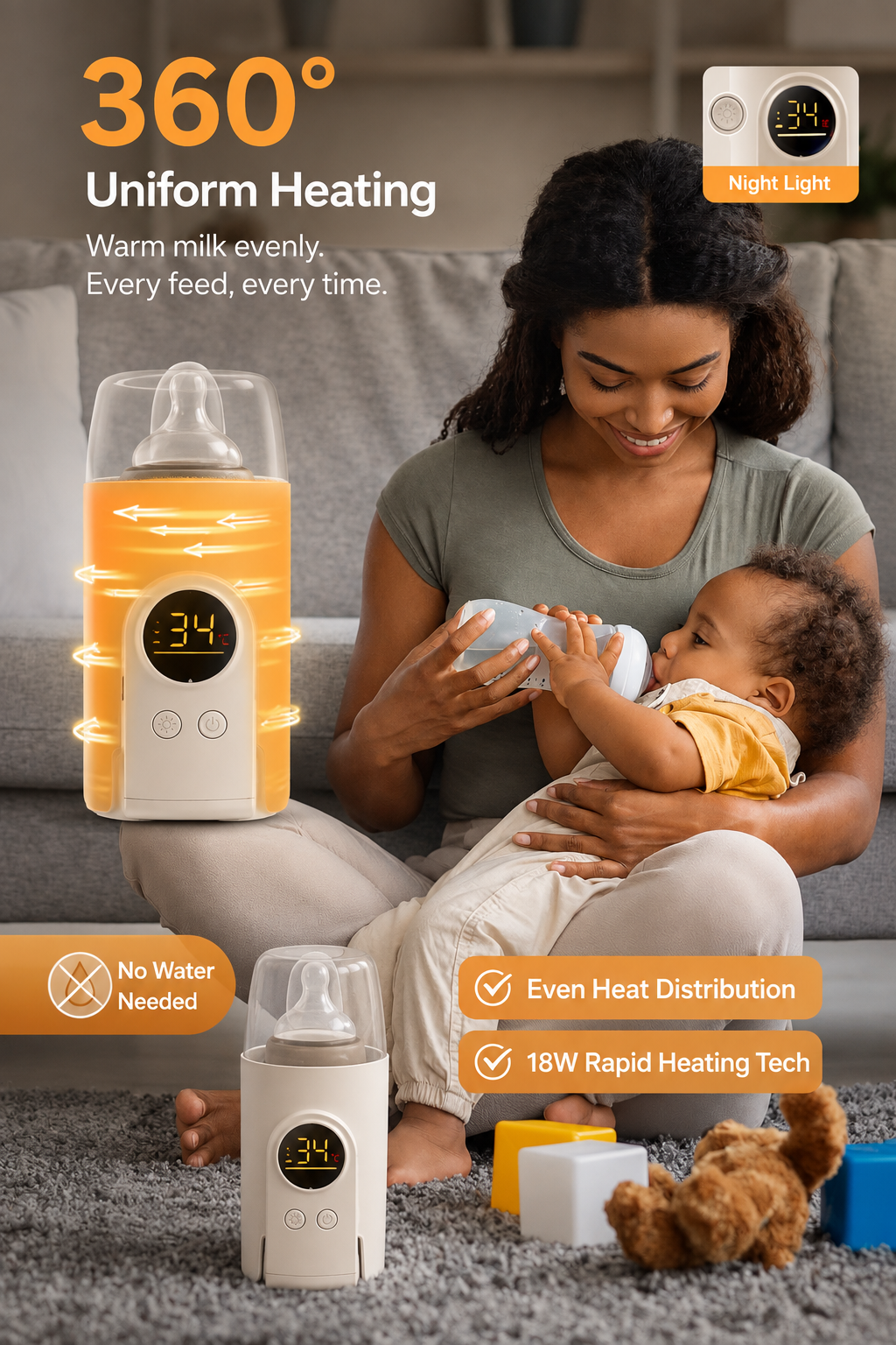 Portable Milk Warmer for Travel, on the Go Baby Bottle Warmer, Waterless Bottle Warmering with Battery-Powered for Home Outdoor, Fast Heating & Precise Temperature Control with LCD Display