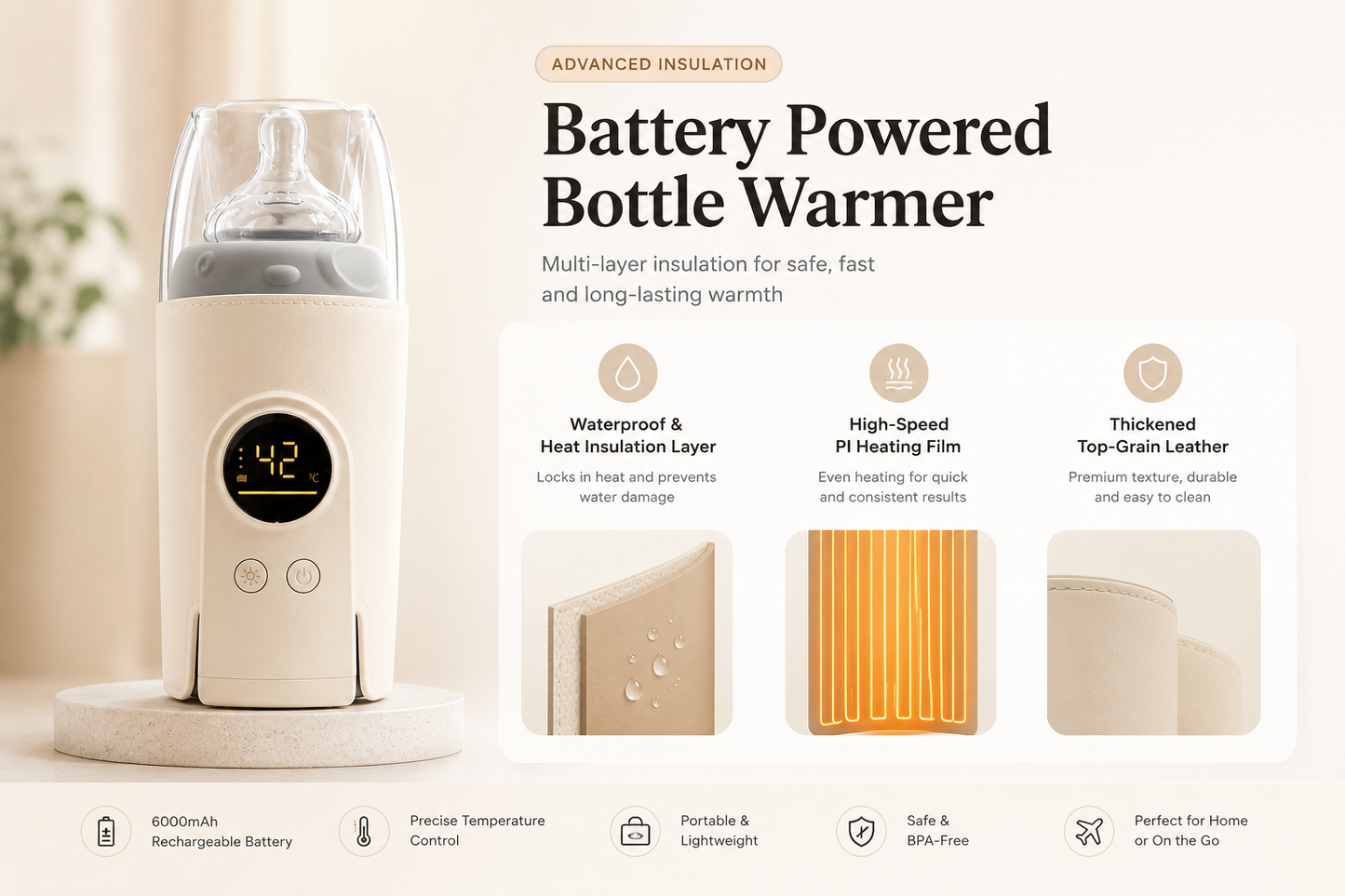 Portable Milk Warmer for Travel, on the Go Baby Bottle Warmer, Waterless Bottle Warmering with Battery-Powered for Home Outdoor, Fast Heating & Precise Temperature Control with LCD Display