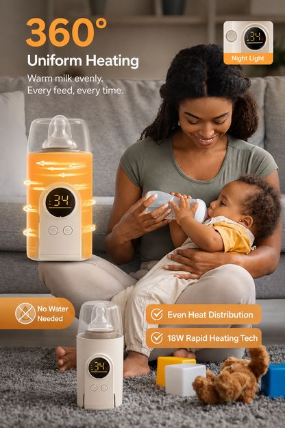 Portable Milk Warmer for Travel, on the Go Baby Bottle Warmer, Waterless Bottle Warmering with Battery-Powered for Home Outdoor, Fast Heating & Precise Temperature Control with LCD Display