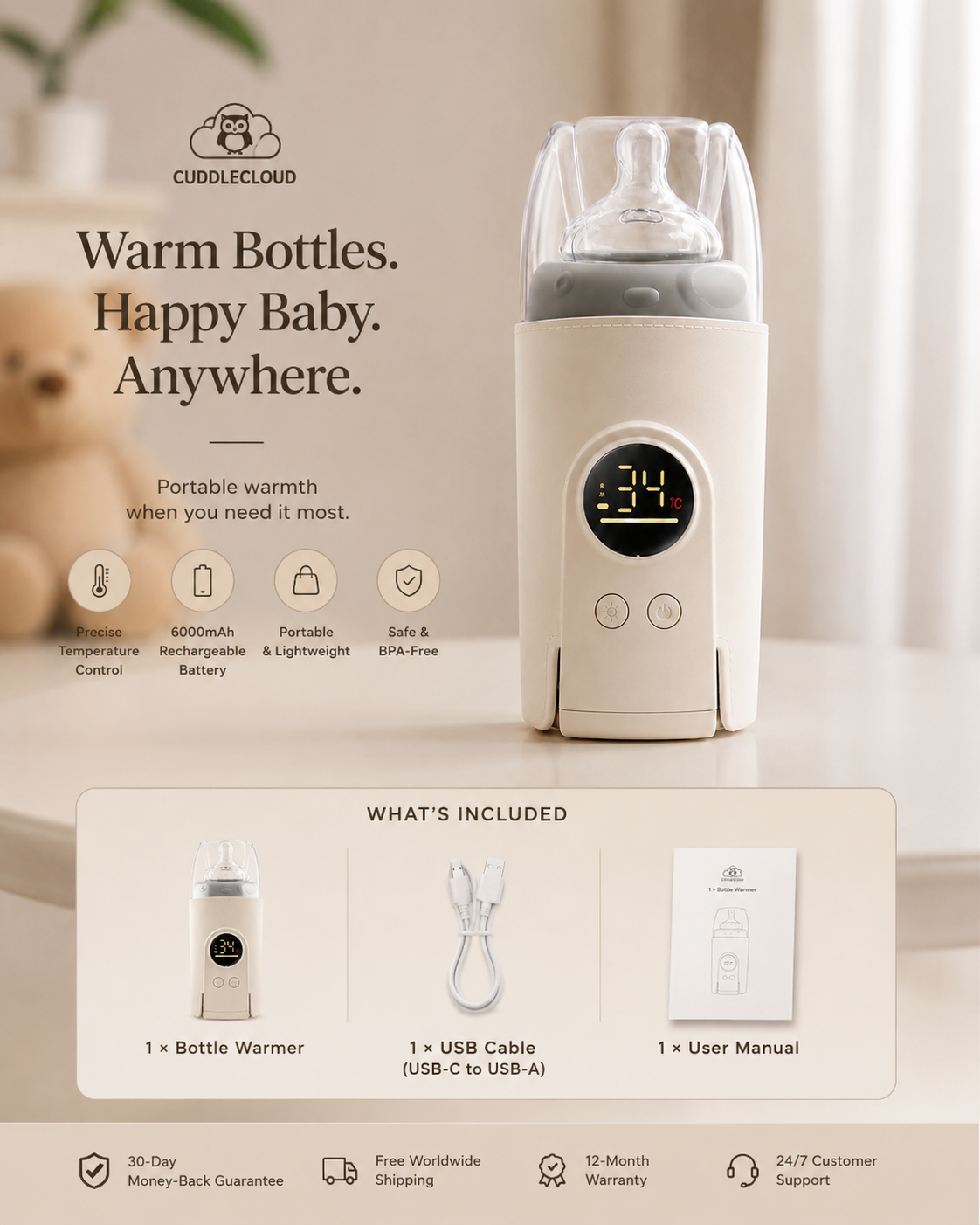 Portable Milk Warmer for Travel, on the Go Baby Bottle Warmer, Waterless Bottle Warmering with Battery-Powered for Home Outdoor, Fast Heating & Precise Temperature Control with LCD Display