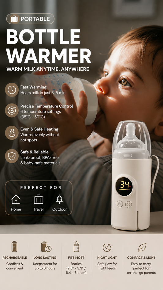 Portable Milk Warmer for Travel, on the Go Baby Bottle Warmer, Waterless Bottle Warmering with Battery-Powered for Home Outdoor, Fast Heating & Precise Temperature Control with LCD Display